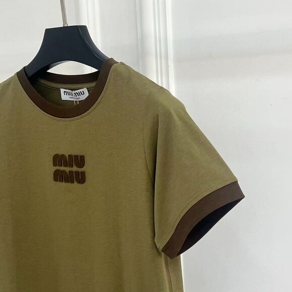 Miu Miu Olive Green Color-Blocked Flocked Logo Short-Sleeve T-Shirt, Size S - Picture 2 of 9